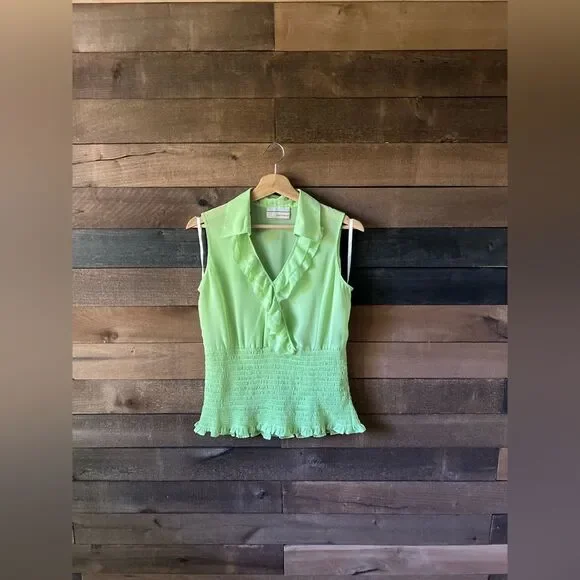 Vintage Lime Green Ruffle Blouse Smocked Waist Sleeveless Carrie Allen S - Picture 7 of 7